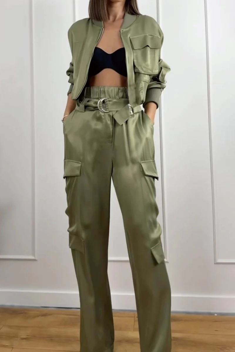 Women's Solid Satin Zipper Detail Jacket Pants Set