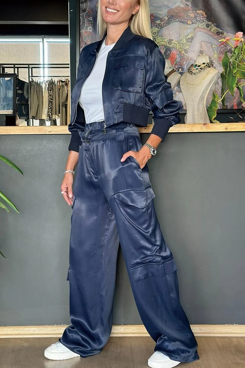 Women's Solid Satin Zipper Detail Jacket Pants Set